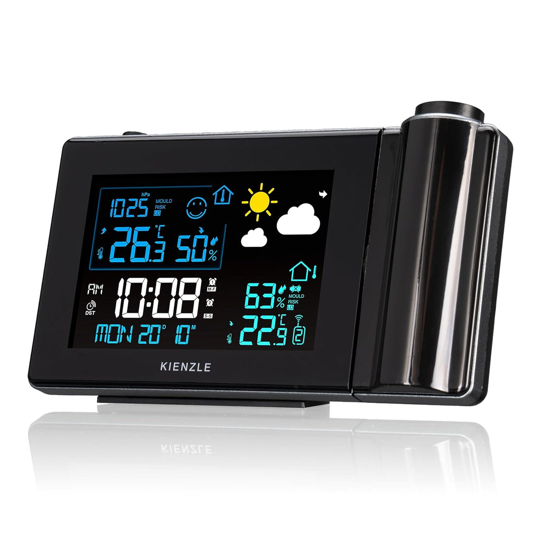 Kienzle Funk-Wetterstation mit Projektion, Farbdisplay, Aussensensor, Schimmelwarnung, 2 Weckzeiten