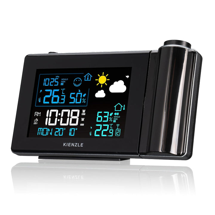 Kienzle Funk-Wetterstation mit Projektion, Farbdisplay, Aussensensor, Schimmelwarnung, 2 Weckzeiten