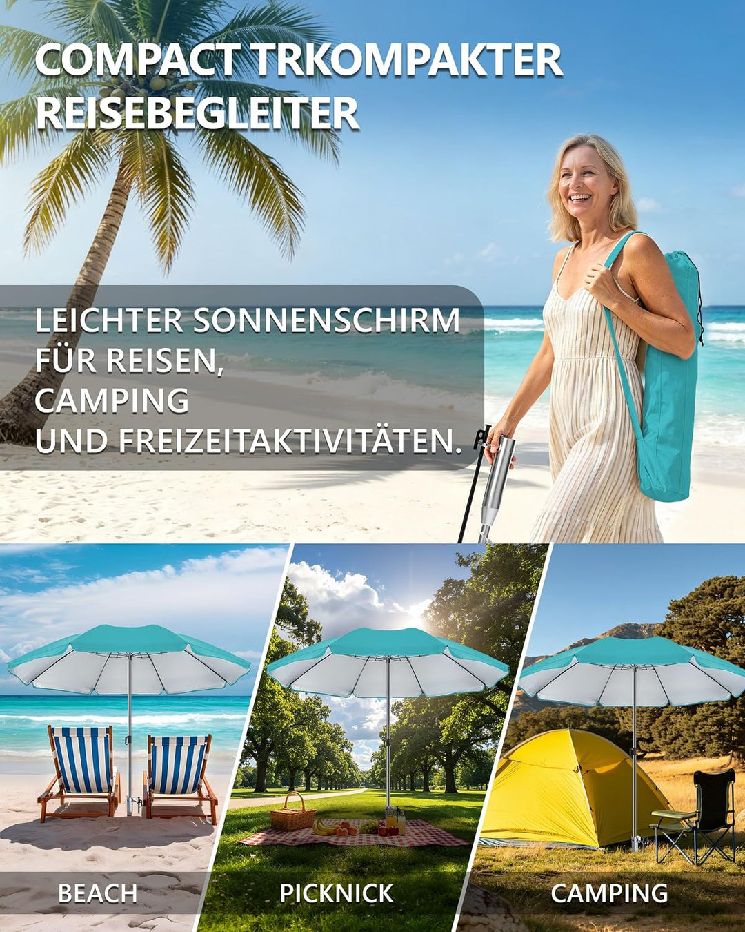 4smile Sonnenschirm Strand Ø 180 cm mit Eindrehbodenhülse, Türkis | Strandschirm windfest stabil mit
