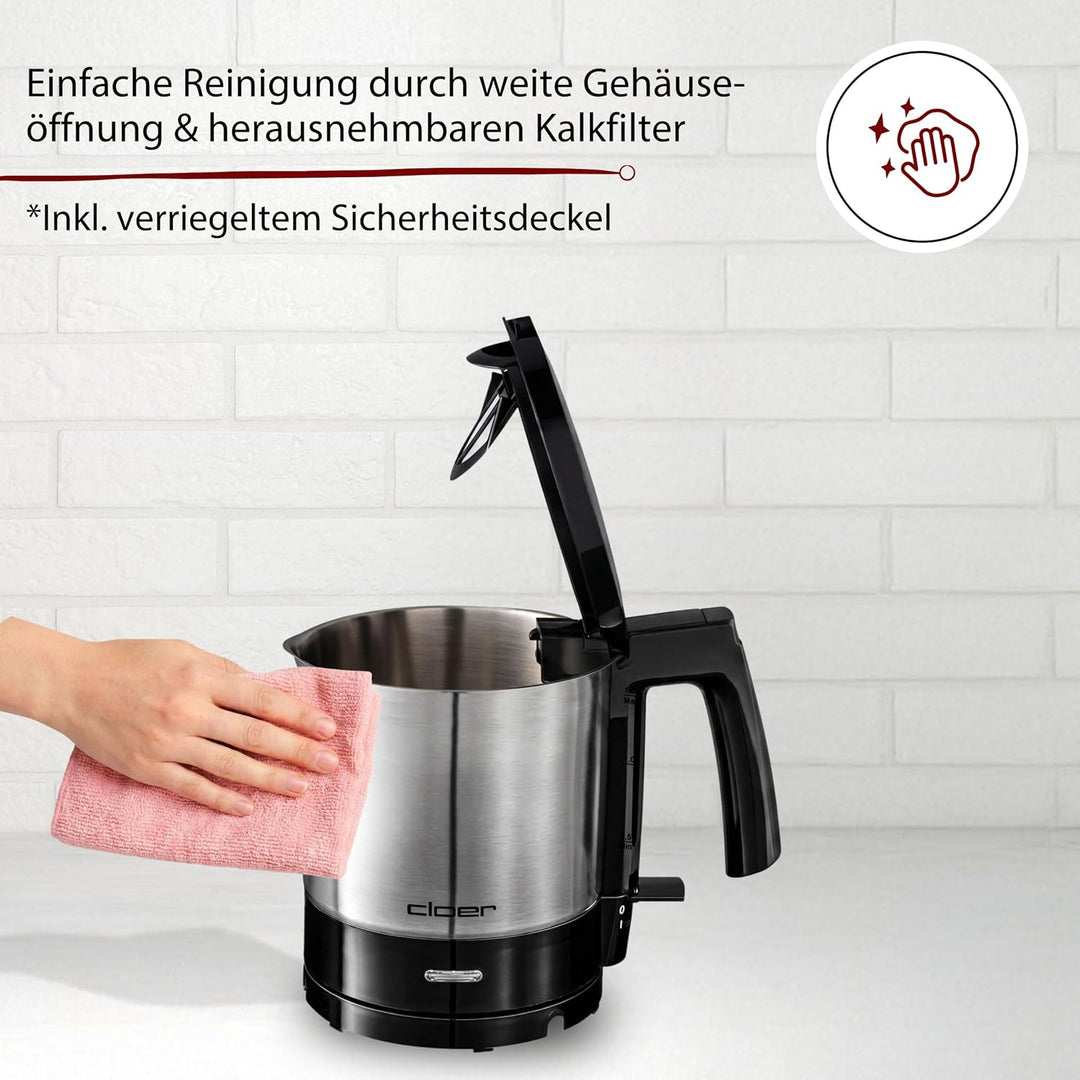 Cloer 4720 Wasserkocher, 2000 W, innen liegende Füllmengenmarkierung, Trockengeh- und Überhitzungssc