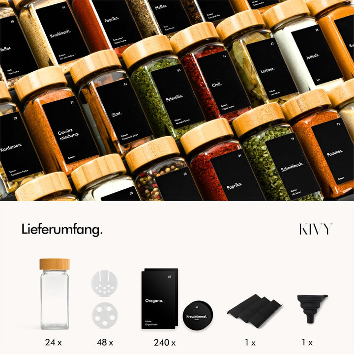 KIVY Gewürzgläser mit Streueinsatz - 24x 120ml + 240 Etiketten - Luftdicht | Wasserfeste Label - Luf