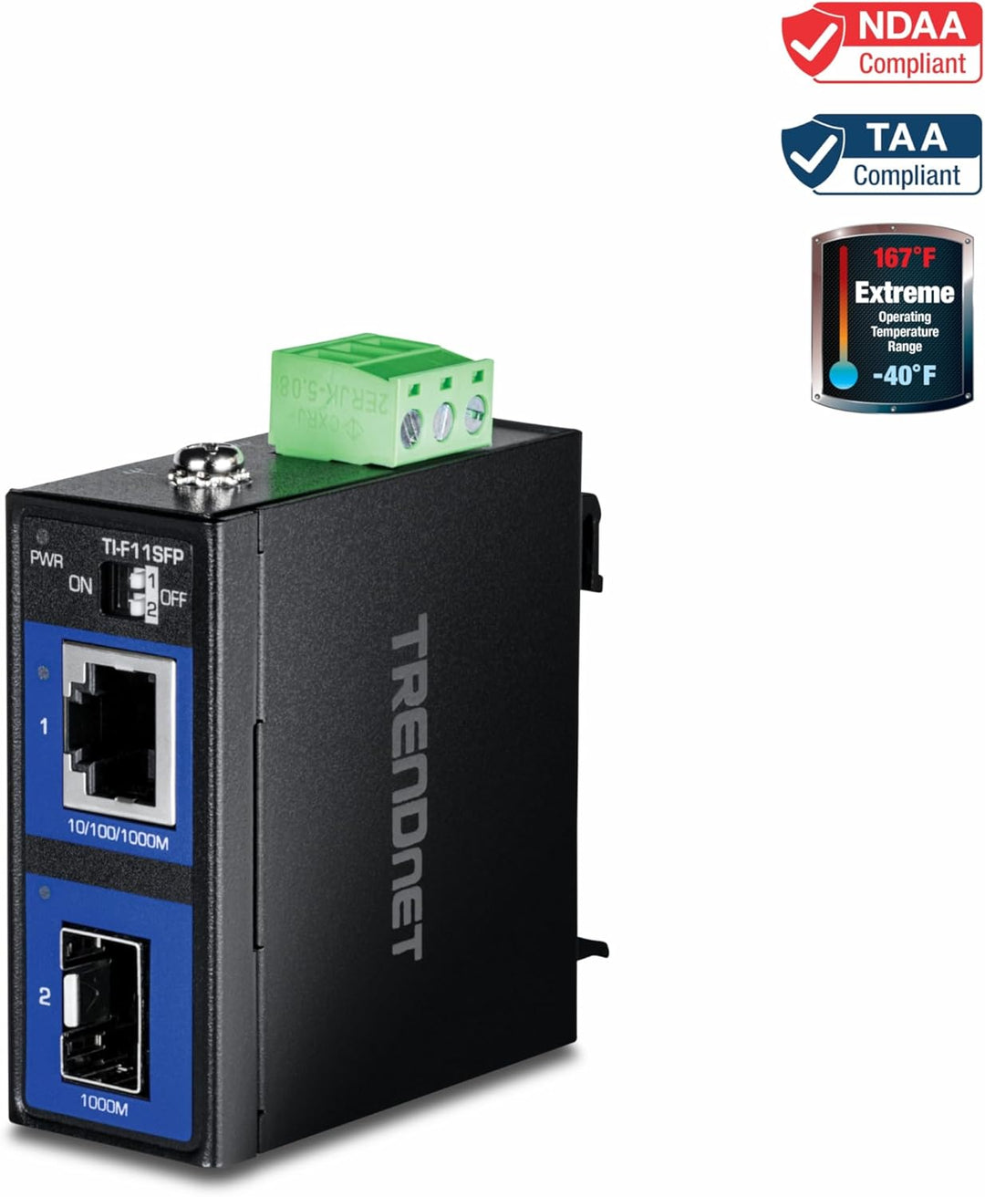 TRENDnet TI-F11SFP Gehärteter Industrieller 100/1000 Base-T zu SFP Medienkonverter, DIN-Schiene/Wand