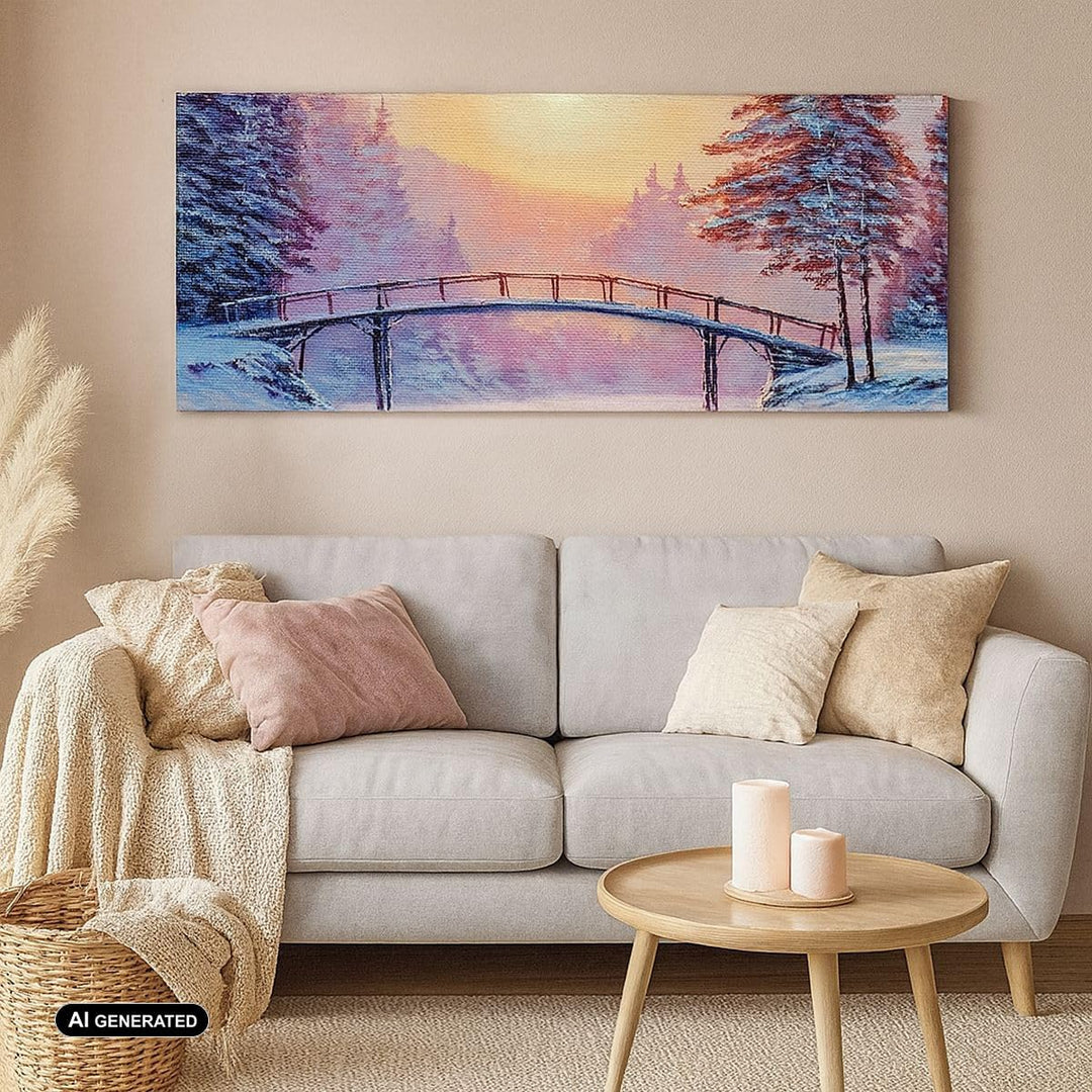 Wandbilder Dekoration Wohnzimmer Park Winter Brücke Panorama Bilder auf Leinwand 120x50cm Leinwandbi