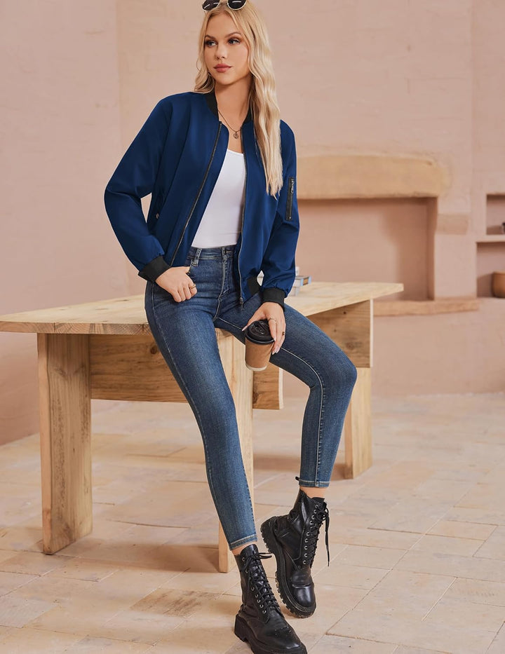 Zeagoo Bomberjacke Damen Kurz Blouson Jacket leichte Fliegerjacke Langarm Casual Frühling Pilotenjac