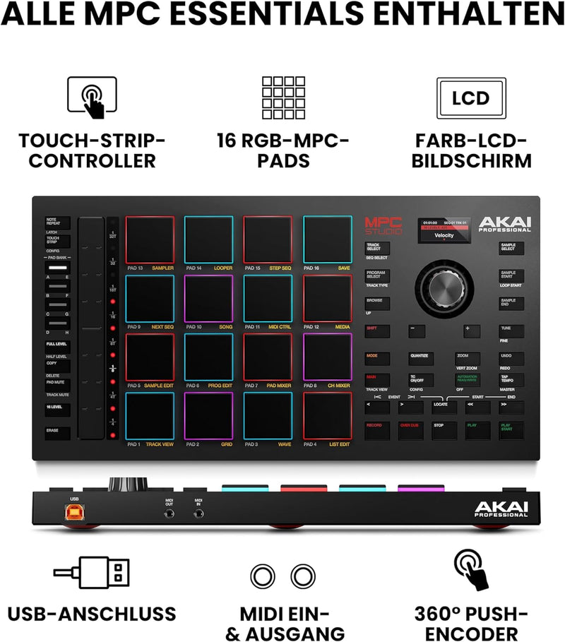 Akai Professional MPC Studio - MIDI-Controller Beat Maker mit 16 anschlagsdynamischen RGB Pads, MPC