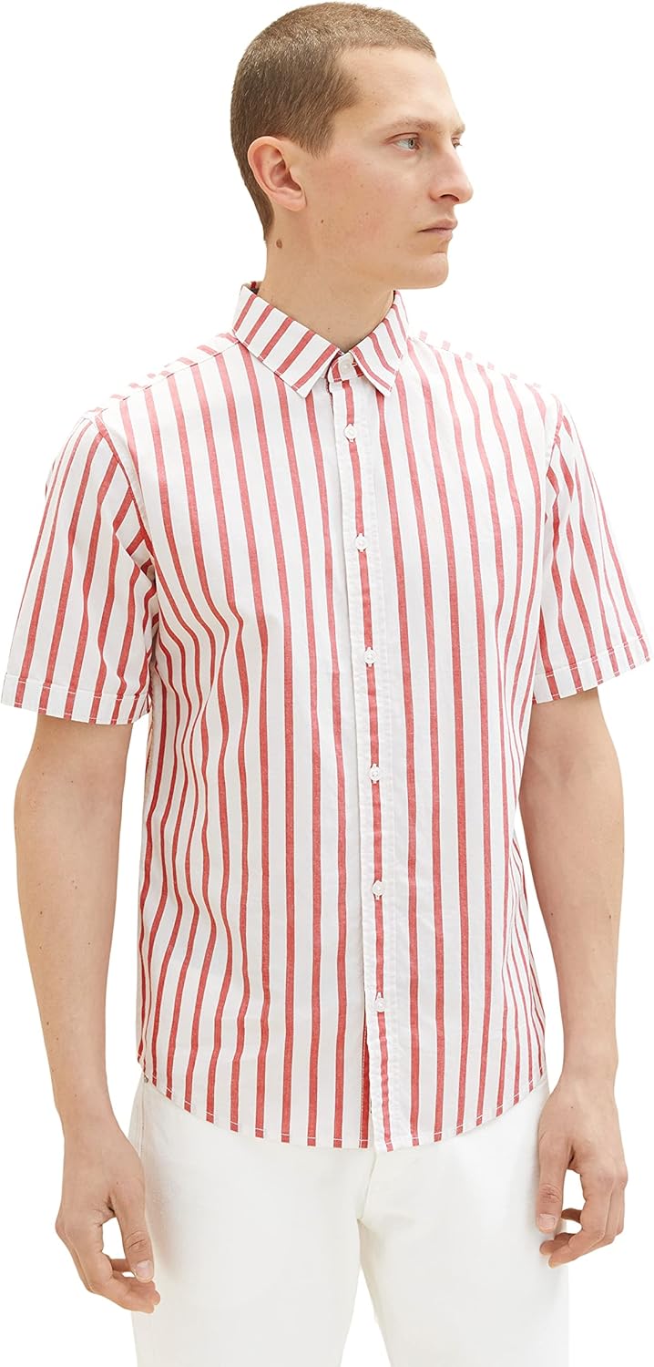 TOM TAILOR Herren Hemd mit Brusttasche M 31787 - Red Off White Stripe, M 31787 - Red Off White Strip