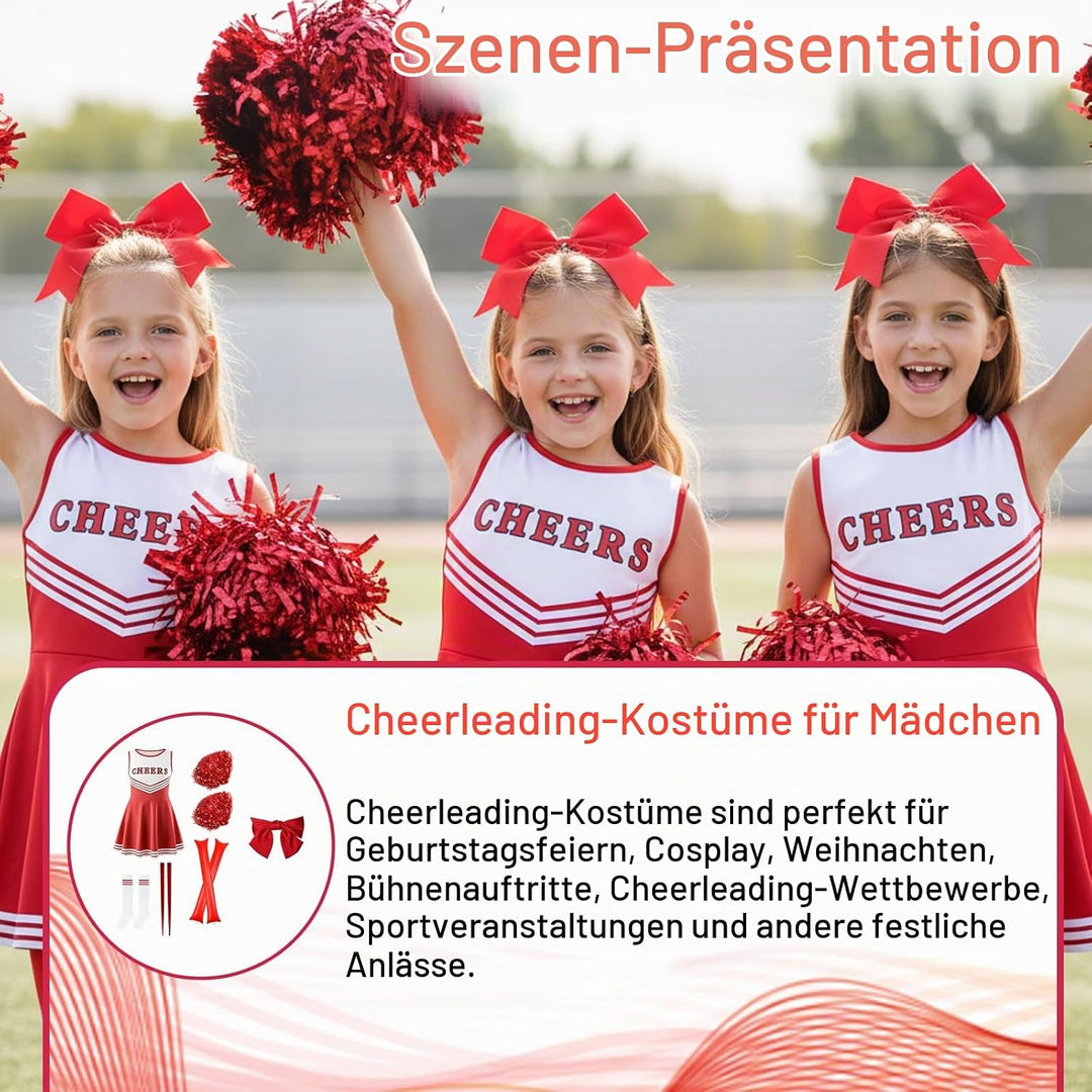 Cheerleader Kostüm Kinder, Cheerleading Outfit, 10 Stück Faschingskostüme Kinder für Komplettes Set
