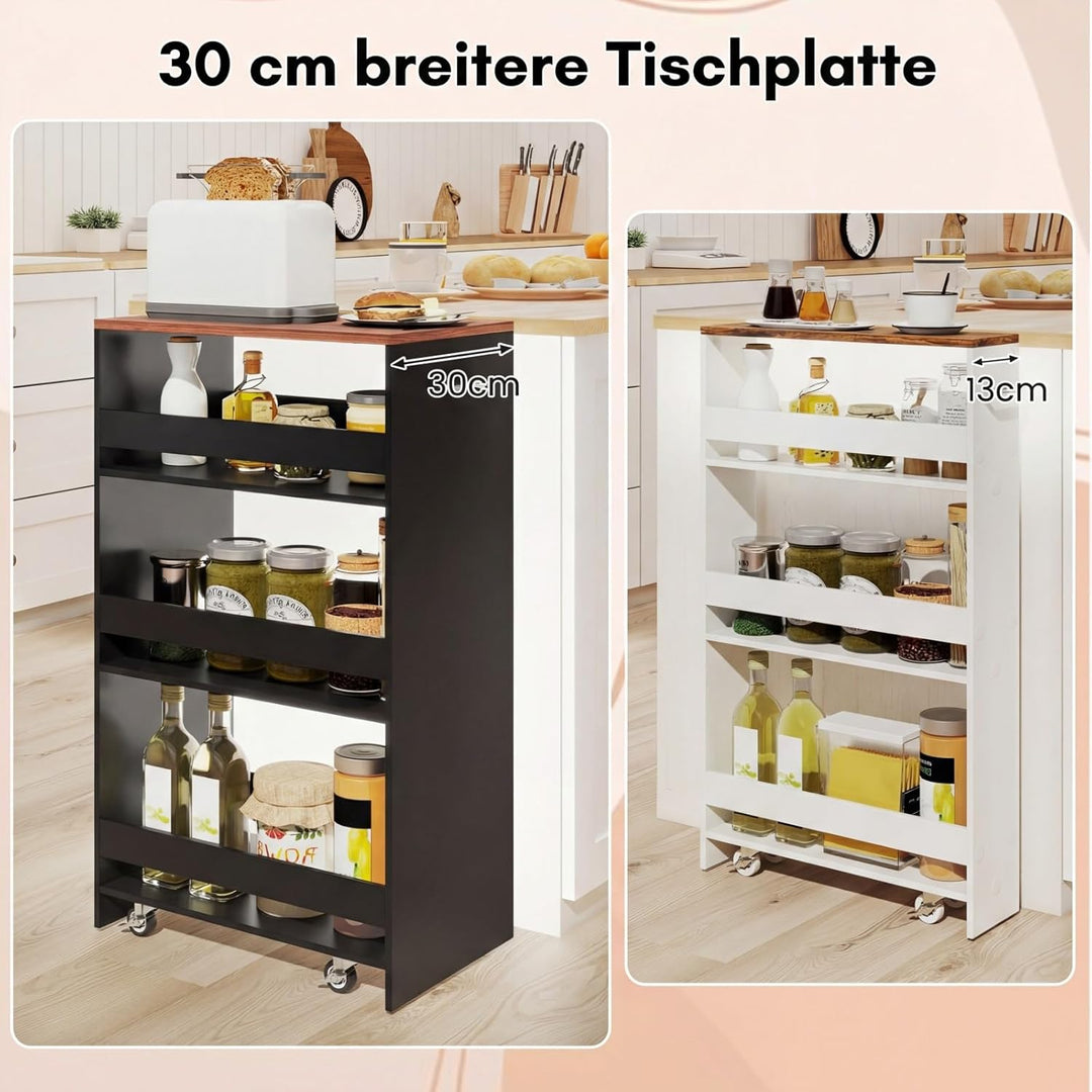 COSTWAY Nischenwagen 30cm breit, 4 Etagen Küchenwagen schmal, Nischenregal auf Rollen, Servierwagen