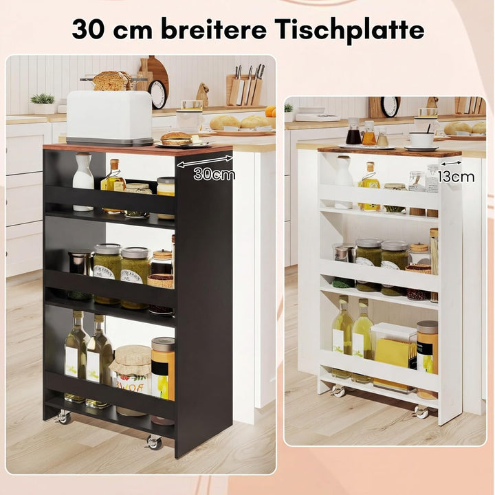 COSTWAY Nischenwagen 30cm breit, 4 Etagen Küchenwagen schmal, Nischenregal auf Rollen, Servierwagen