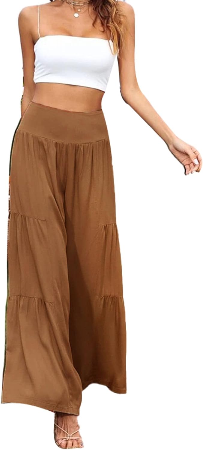 Cocoarm Damen Breites Bein Hose Elastische Hohe Taille Sommerhose Lange Freizeithose Casual Pants (M