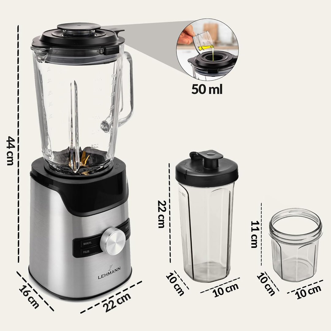 LEHMANN Standmixer mit Glasbehälter 1,7 L & Mix-und-go-Behälter, 10 Geschwindigkeiten, Puls & 3 Prog