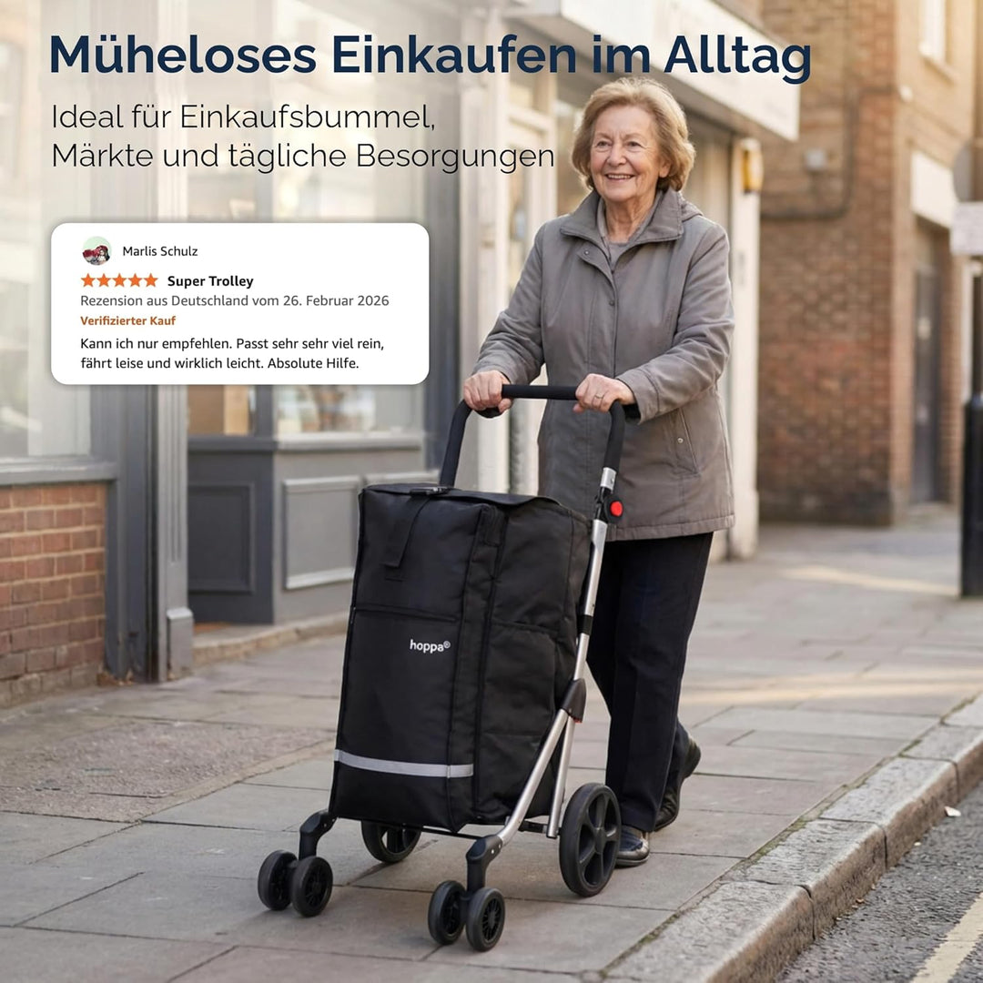 Hoppa – Einkaufstrolley | Grosser 74L klappbarer Einkaufswagen | Leichter 6-Räder-Trolley mit 5 Tasc