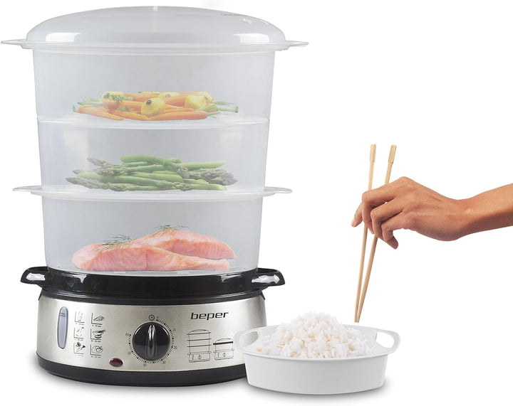 BEPER BC.250 Multi-Dampfgarer 9L, 800 W, Stahl, 3 herausnehmbare Behälter, BPA FREE, Tank 1000 ML, e