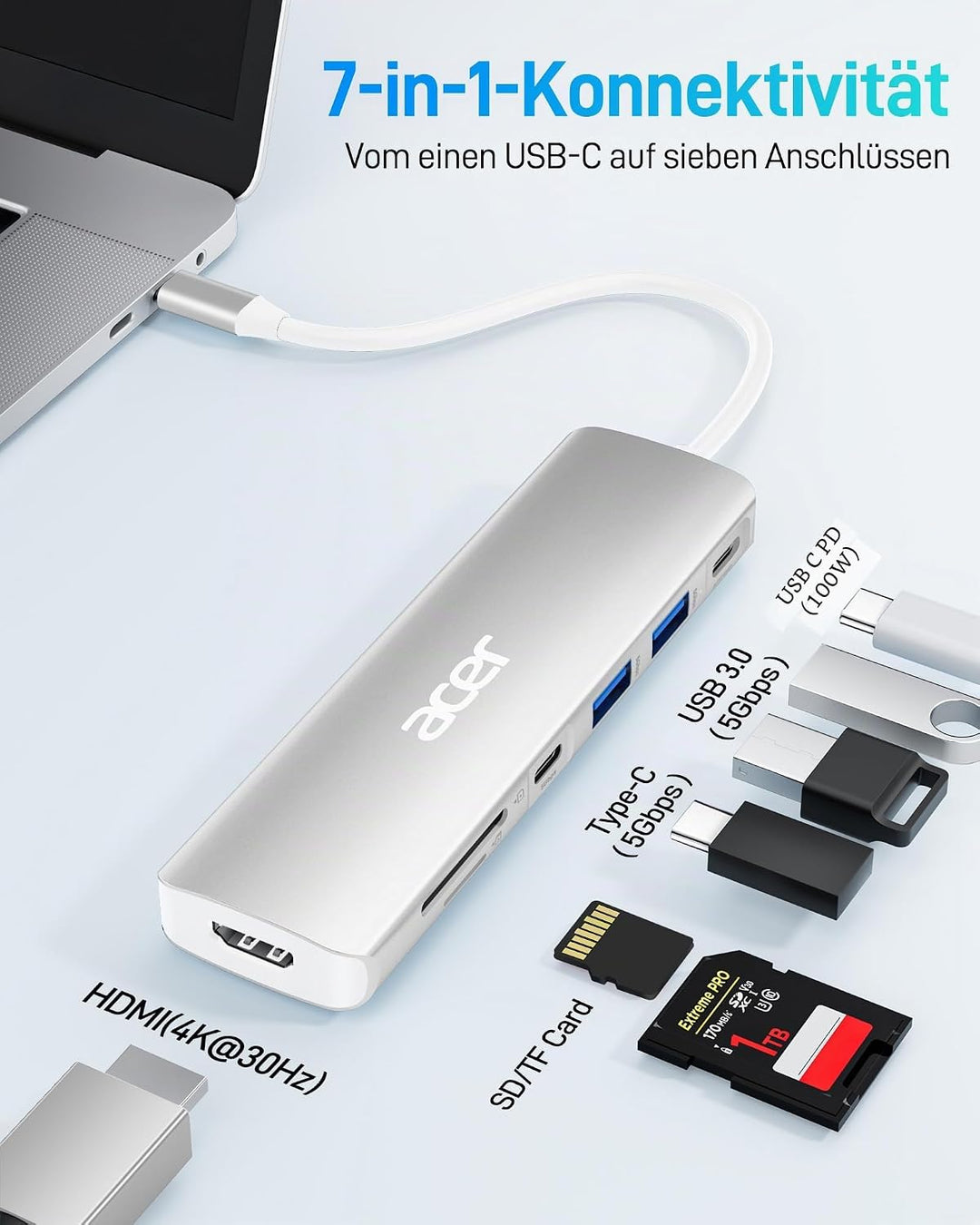 Acer USB C Hub, 7-in-1 USB-C zu HDMI Splitter, 2 USB 3.1 GEN1 und 5 Gbps Typ-C Datenanschluss, 4K HD