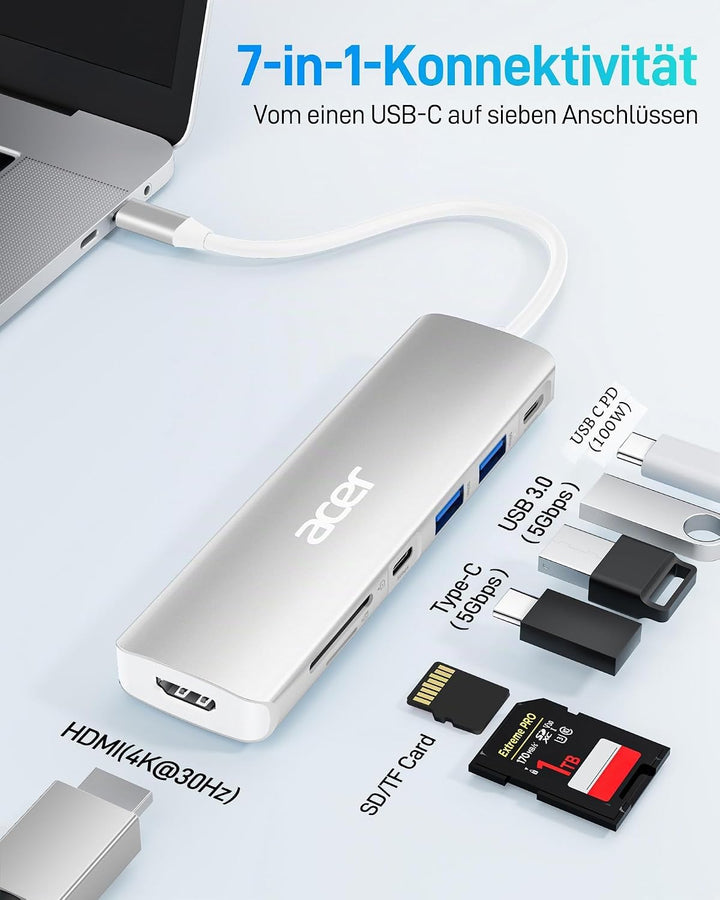 Acer USB C Hub, 7-in-1 USB-C zu HDMI Splitter, 2 USB 3.1 GEN1 und 5 Gbps Typ-C Datenanschluss, 4K HD