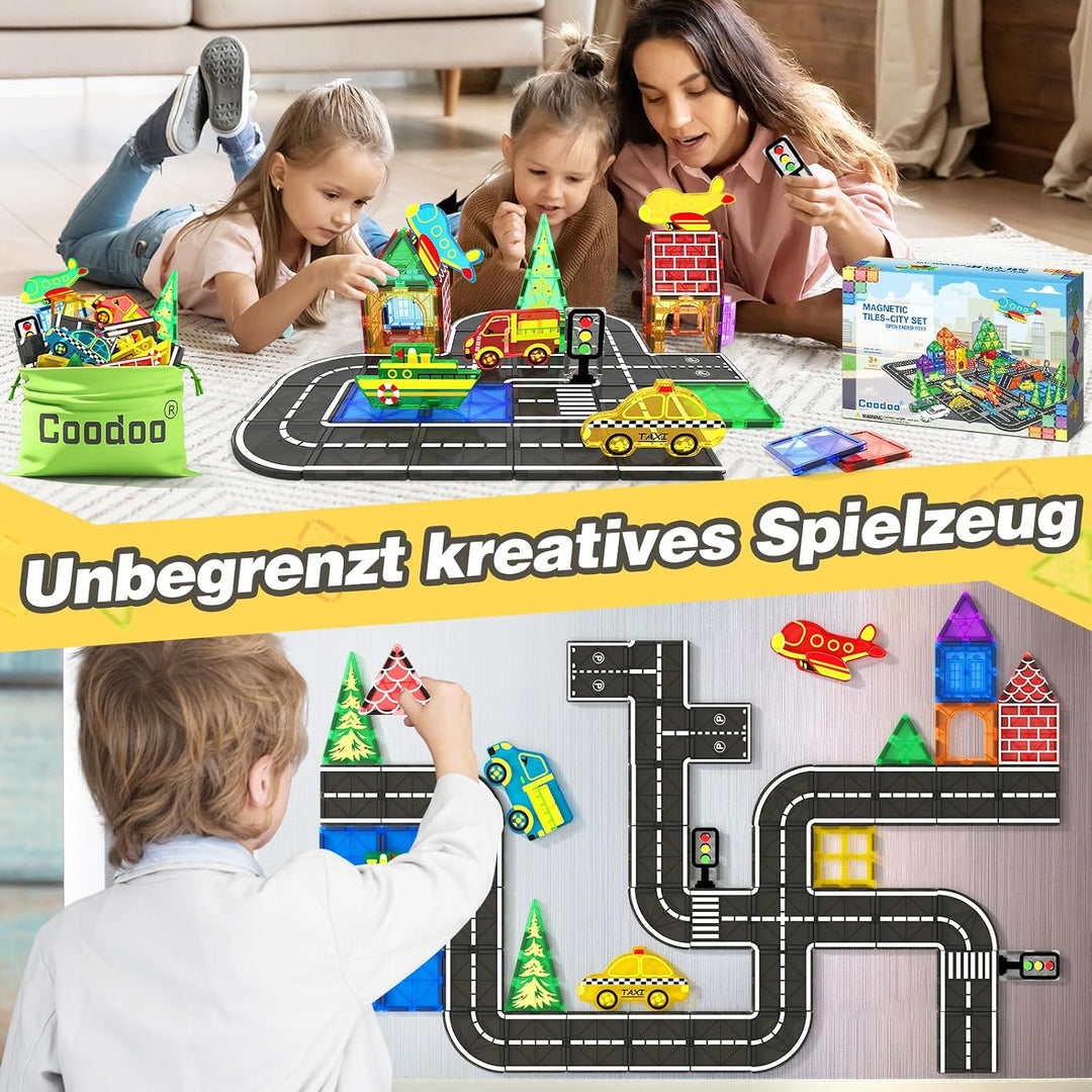 Coodoo Magnetische Fliesen Stadtstrassen-Set, Kinderspielzeug, sensorische Spiele für 3-jährige Jung