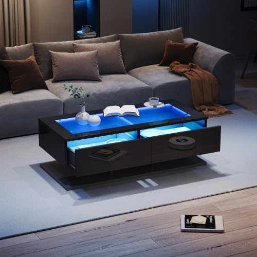 Merax Couchtisch 100 * 50 * 35cm, Hochglanz Sofatisch, Wohnzimmertisch mit Schubladen, Kaffeetisch m