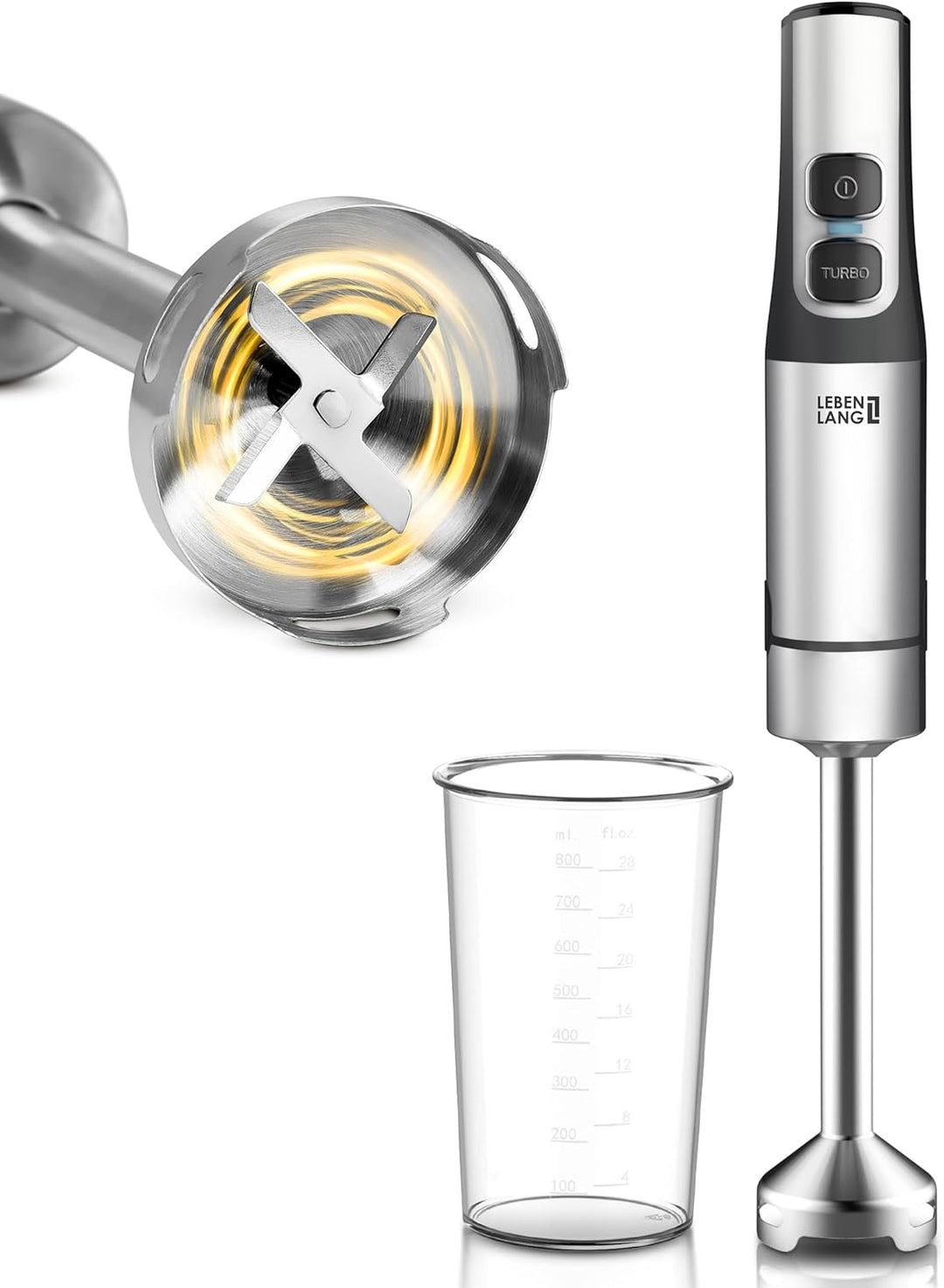 LEBENLANG 1200W Stabmixer Edelstahl - Inkl. 800ml Messbecher & Spritzschutz I Stufenlos verstellbar