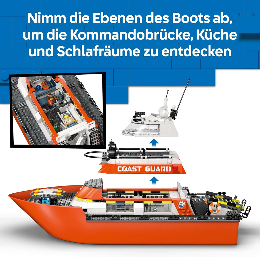 LEGO City Rettungsboot der Küstenwache mit Hubschrauber - Spielzeug Einsatzfahrzeug - Set mit schwim