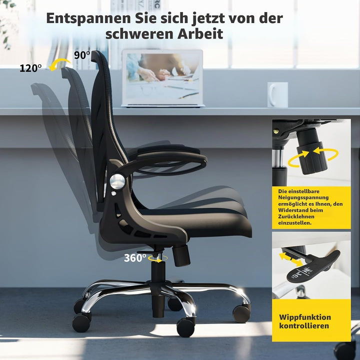 HOLLUDLE Ergonomischer Bürostuhl mit Klappbarer Rückenlehne, Schreibtischstuhl mit Erweitertem Sitz(