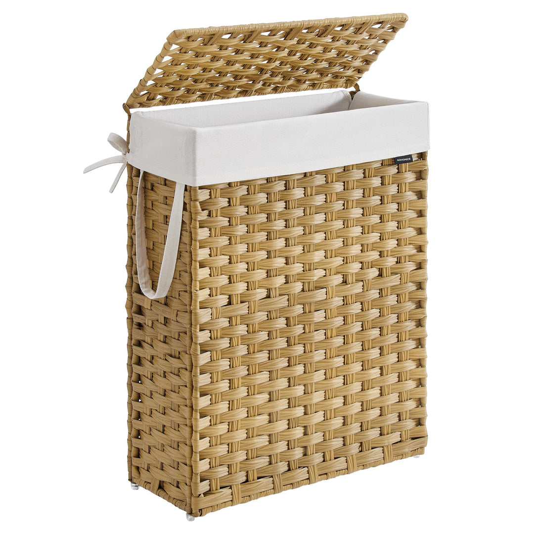 SONGMICS Wäschekorb schmal, Wäschesammler 55 L, Wäschebox aus synthetischem Rattan, mit Deckel und G