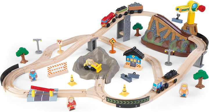 KidKraft Bucket Top Holzeisenbahn Baustelle mit Aufbewahrungsbox mit Deckel, Eisenbahn Set mit Zubeh