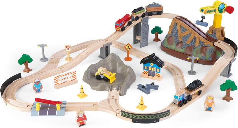 KidKraft Bucket Top Holzeisenbahn Baustelle mit Aufbewahrungsbox mit Deckel, Eisenbahn Set mit Zubeh