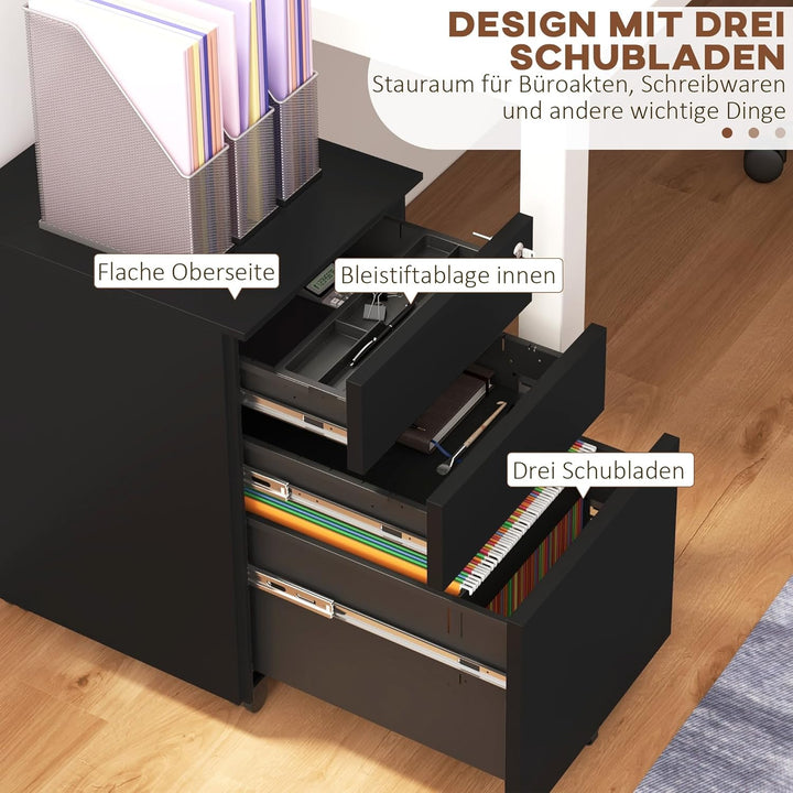 Vinsetto Rollcontainer Aktenschrank mit 3 Schubladen, Büroschrank mit Schloss, Druckschrank, Untersc