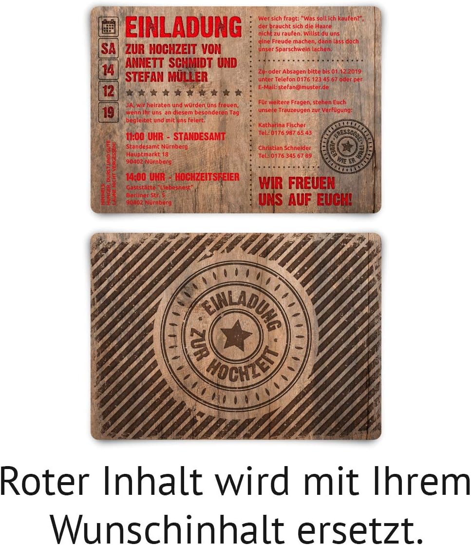100 x Hochzeitseinladungen individuelle Einladungskarten zur Hochzeit DIN A6 - Grunge/Holz, 100