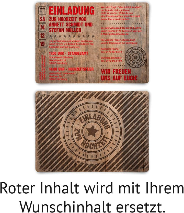 40 x Hochzeitseinladungen individuelle Einladungskarten zur Hochzeit DIN A6 - Grunge/Holz, 40