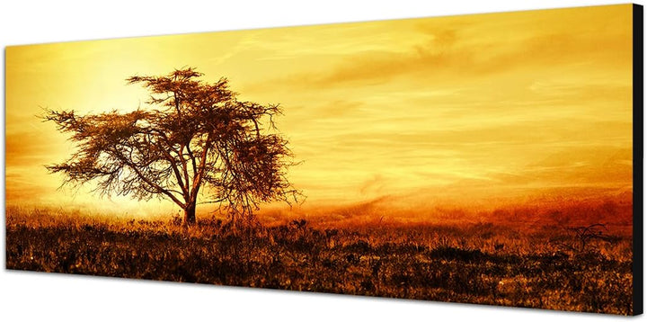 Panoramabild auf Leinwand und Keilrahmen 150x50cm Afrika Baum Silhouette Sonnenuntergang