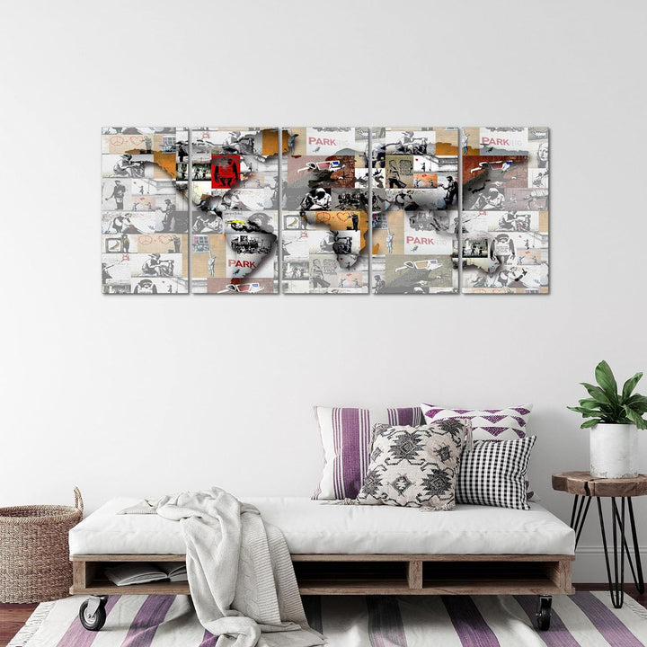 Runa Art Wandbild XXL Weltkarte Banksy Collage Loft Wohnzimmer 200 x 80 cm Bunt 5 Teilig - Made in G