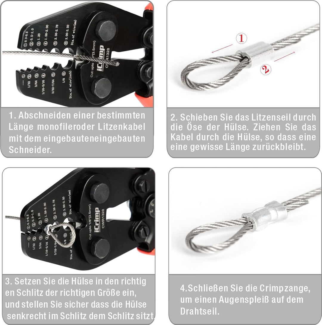 iCrimp CWR1328 Drahtseil Crimpzange mit Schneidfunktion 0,3–3,5 mm | Crimpwerkzeug für Drahtseile mi