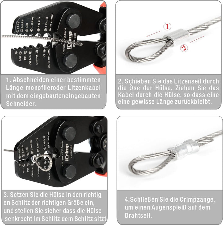 iCrimp CWR1522 Drahtseil Crimpzange mit Schneider 0,1–2,2 mm | Drahtseil Crimpwerkzeug mit Schneidfu