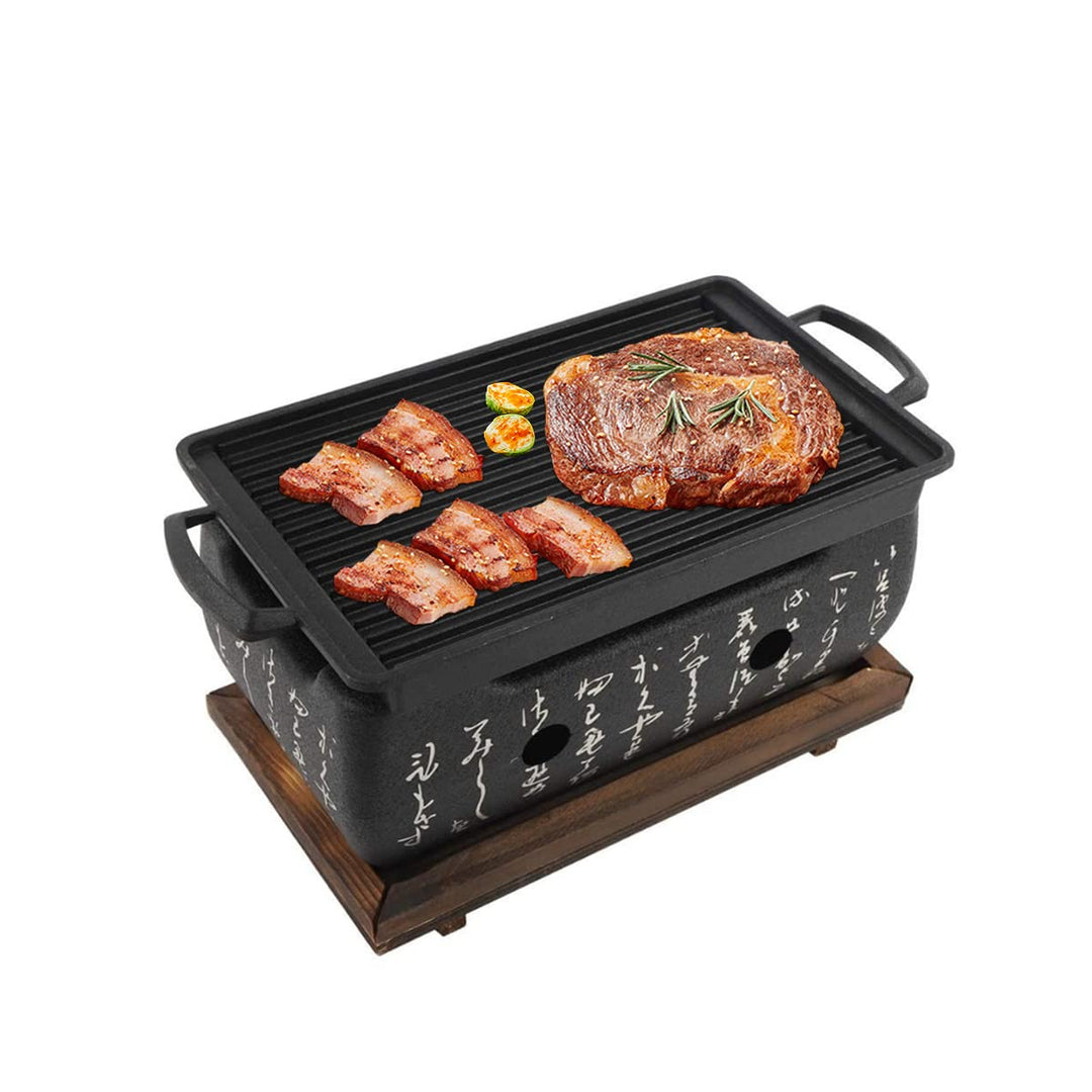 Japanischer BBQ Grill Mini Holzkohle Tischgrill mit Backblech Drahtgitter und Holzbasis, 24 x 12,5 x