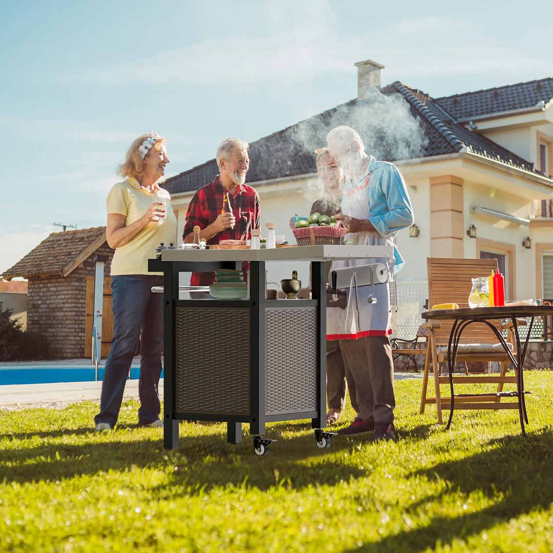 onlyfire Grilltisch Outdoor, Grillwagen mit Abklappbare Seitenablagen, Outdoor Servierwagen mit Roll
