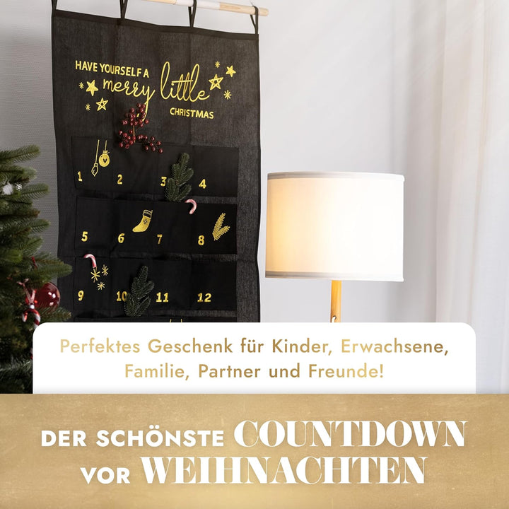 AMARI ® Adventskalender zum Befüllen Schwarz/Gold - XXL Wandkalender (70 x 130 cm) mit 24 Fächern zu