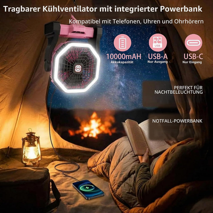 Wiederaufladbarer Camping-Ventilator mit LED-Beleuchtung, 4 Geschwindigkeitsstufen, 3 Lichtmodi, für