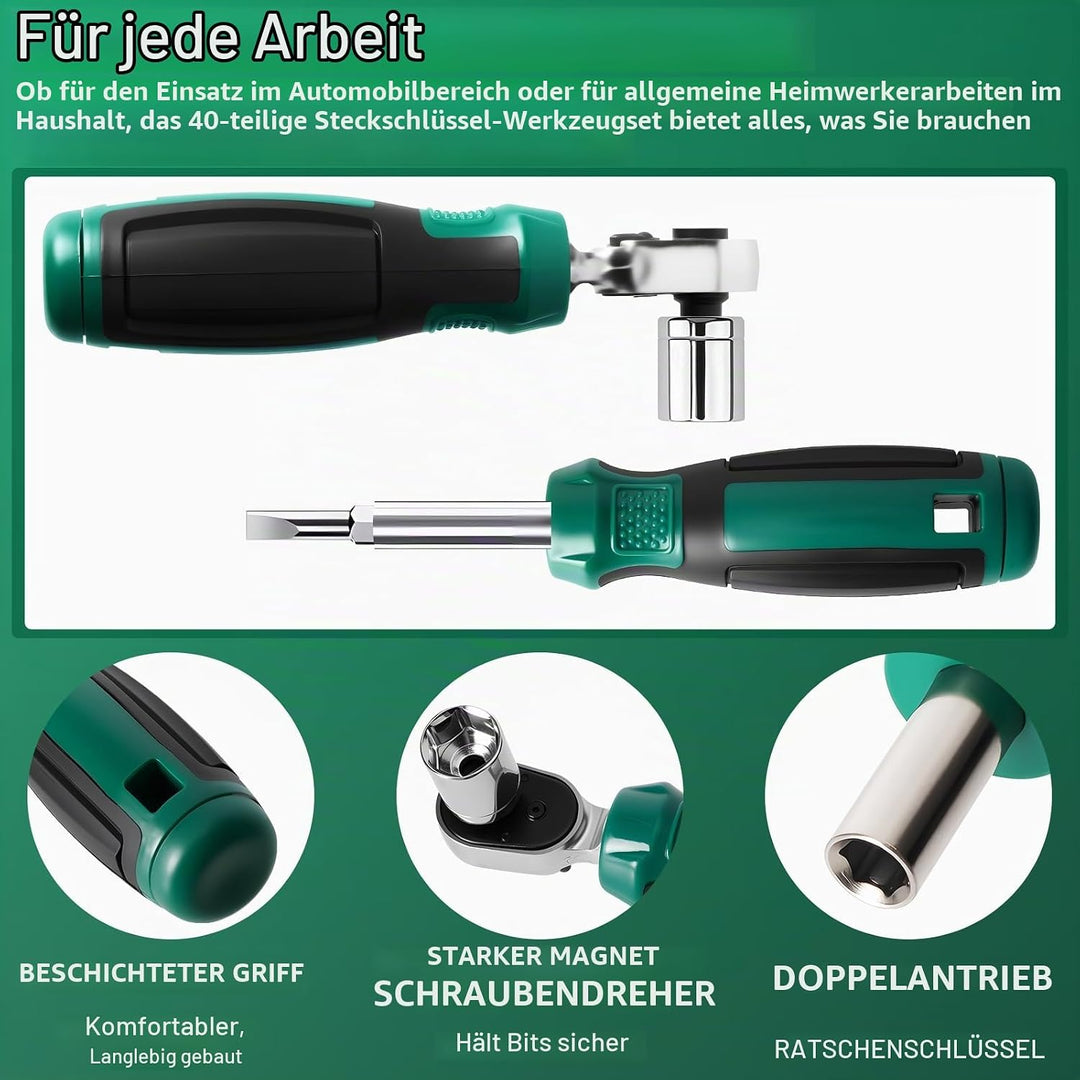40-tlg Werkzeugkoffer,1/4 Zoll Ratschenschlüssel Set,Steckschlüsselsatz,Bits,Magnetgriff,Verlängerun