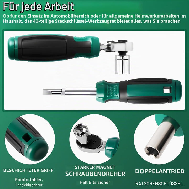 40-tlg Werkzeugkoffer,1/4 Zoll Ratschenschlüssel Set,Steckschlüsselsatz,Bits,Magnetgriff,Verlängerun