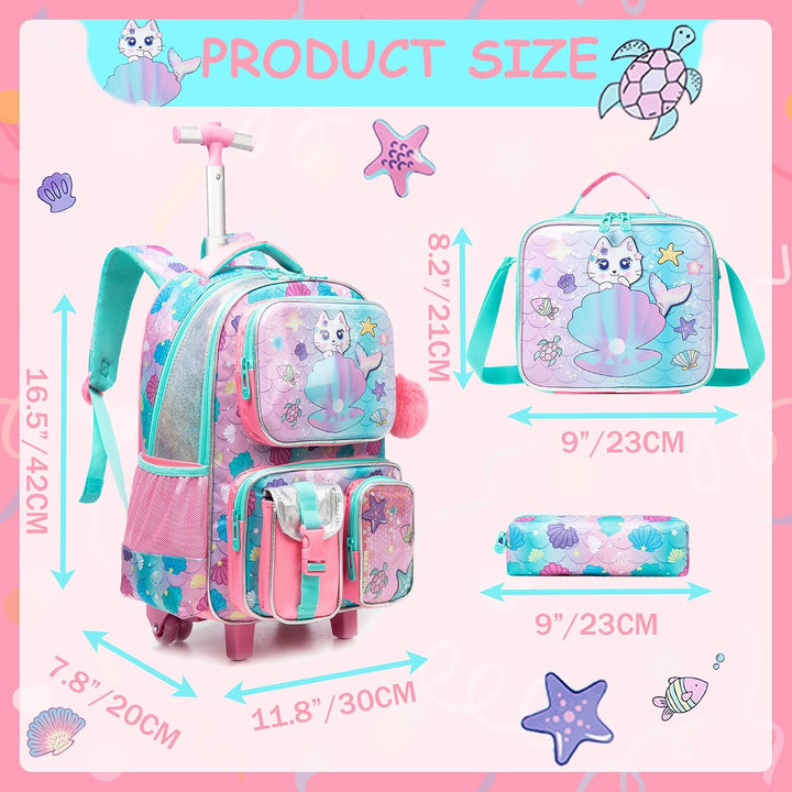 HTgroce Schulranzen Trolley Mädchen Meerjungfrau Rolling Backpack for Girls Einhorn Rucksack Mit Rol