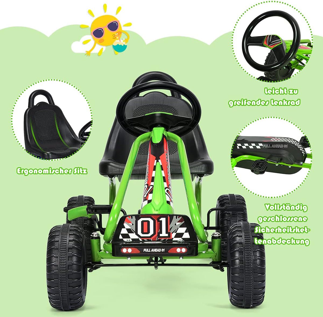 COSTWAY Gokart mit verstellbarem Sitz, Go Kart mit Handbremse, Tretauto bis 30 kg belastbar, Pedal G