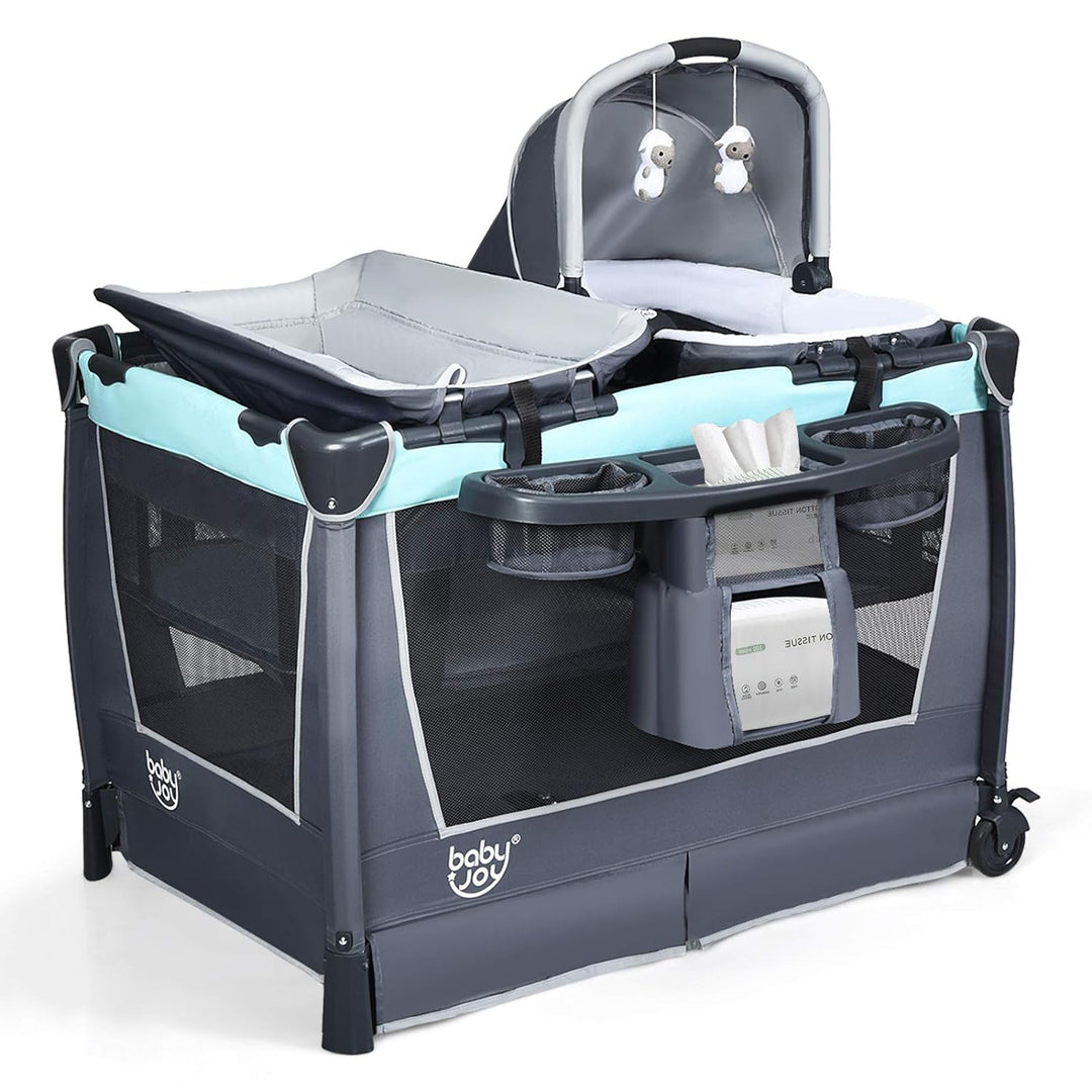 GOPLUS 4 in 1 Reisebett, Laufgitter Wiege Windeltisch, ab Geburt bis 15 kg, mit Matratze&Wickelaufla