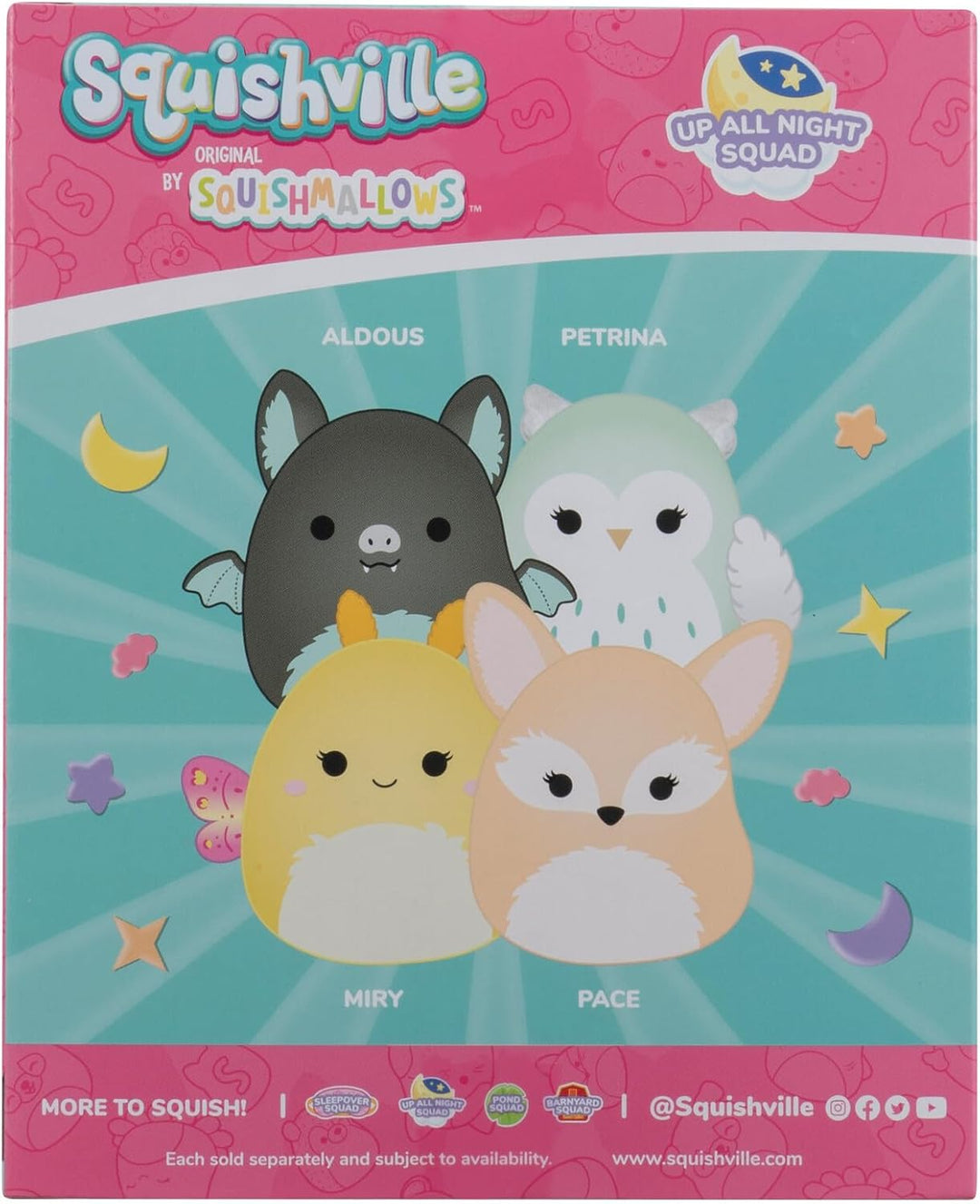 Squishville SQM0504-4er Pack Nachtaktiv Squad, superweiche Mini-Squishmallows, 5cm Plüschfiguren