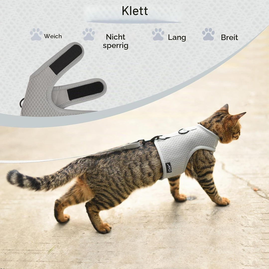Katzengeschirr und Leine zum Spazierengehen, ausbruchsicher, atmungsaktives Netzgewebe, einfarbig, g