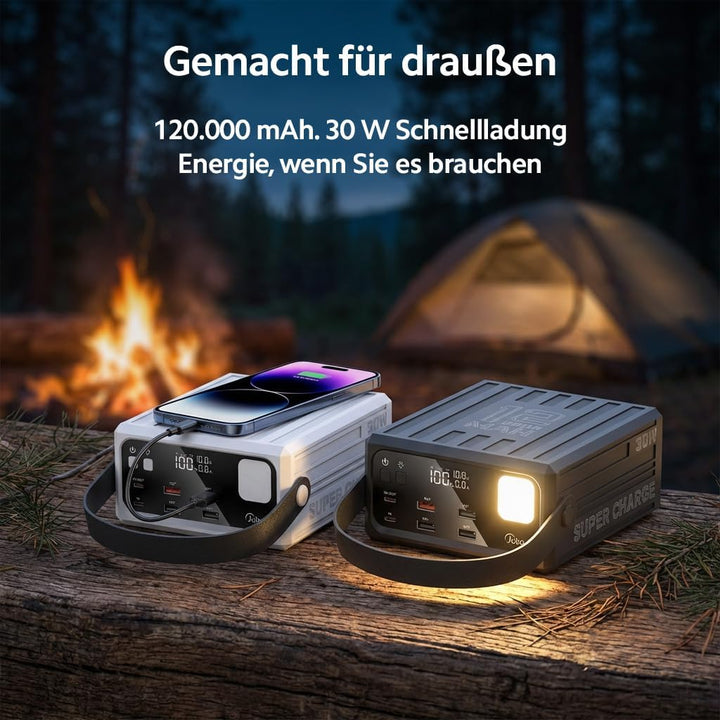 KONFULON Powerbank 120000mAh (444Wh, ca. 372Wh nutzbar) – 30W Schnellladefunktion, 5 Ausgänge (USB‑C