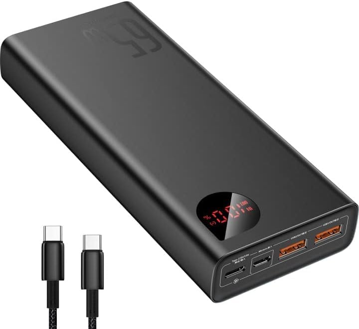 Baseus Power Bank 20000mAh, PD 65W QC 4.0 Schnellladung USB C Externer Akku Telefonladegerät mit Tri