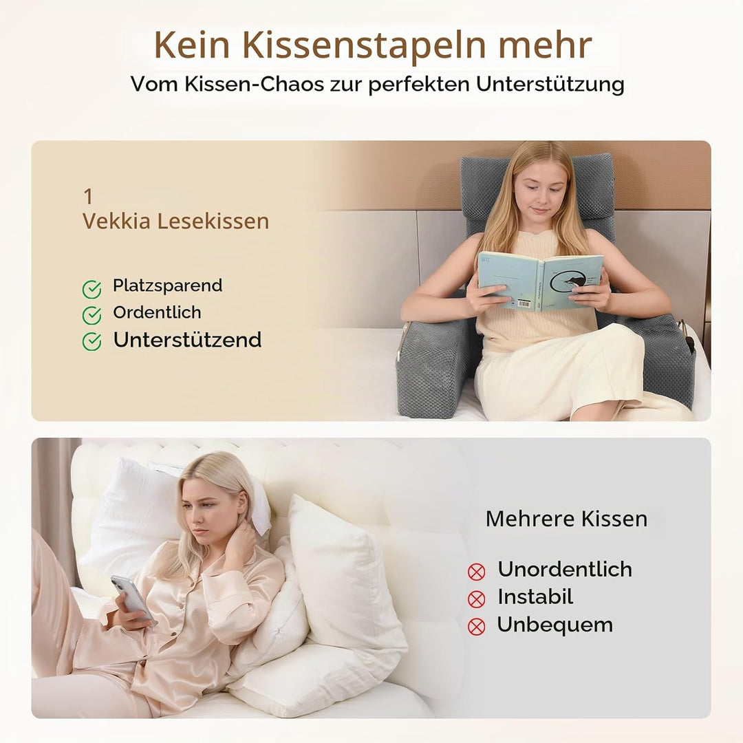 Vekkia 19" Lesekissen für Bett und Sofa, Lesekissen mit Rückenlehne für Erwachsene, Armlehnen, Gross