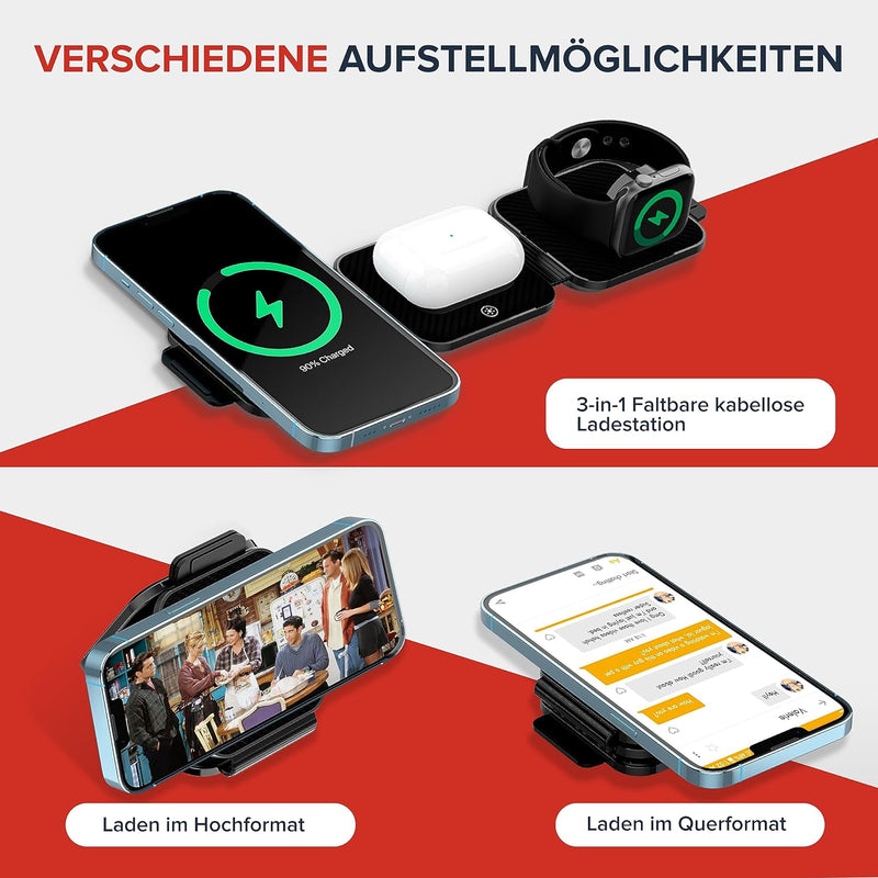 CANYON Faltbar 3 in 1 Ladestation Apple Watch und iPhone Airpods mit Reisetasche Wireless Charger 3