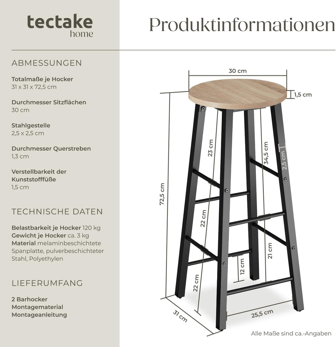 tectake Barhocker 2er-Set, runder Bistrohocker im Industrie-Design, 72,5cm hoch, Vintage Barstühle m